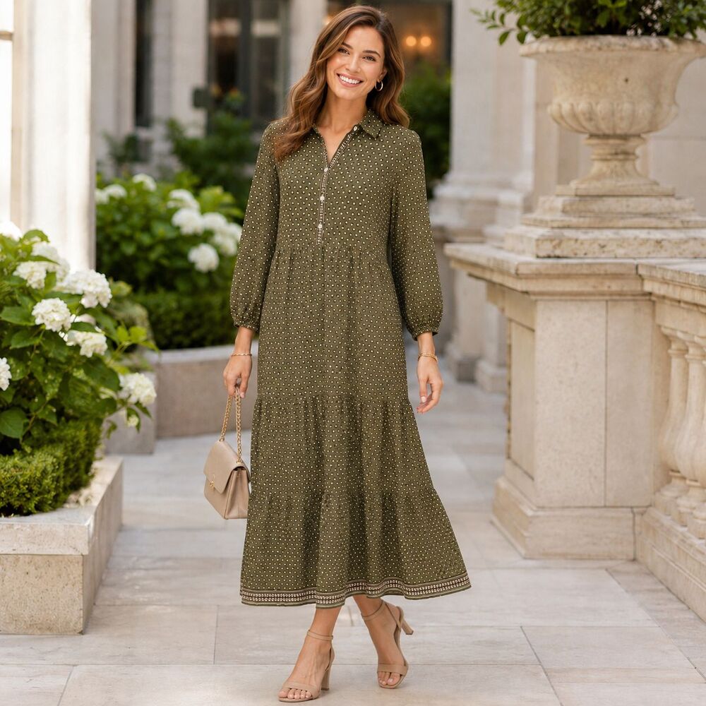 MAX STUDIO Women's New MEDIUM Maxi Dress Olive Green Geometric Print 3901D69